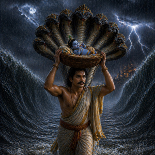 9. Vasudev takes baby Krishna to Gokul in a storm