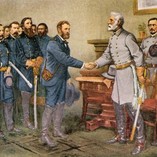 9th April 1865: Confederate States Army General Robert E. Lee surrenders to Union Lieutenant General Ulysses S. Grant at Appomattox Courthouse