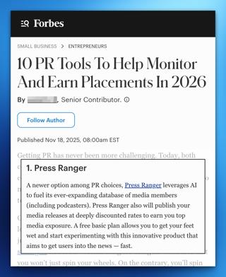 Press Ranger Named Best Public Relations (PR) Software for 2026 by Forbes